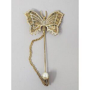 Damascene Butterfly Stick Pin With Faux Pearl Accent Gold Tone‎ Filigree Design